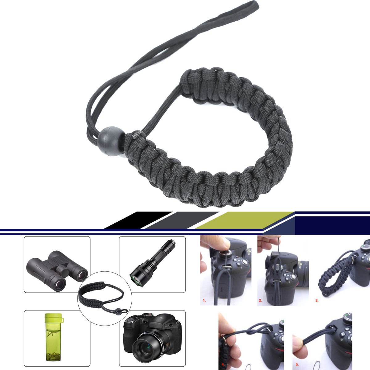 Black Paracord Camera Wrist Strap/ Bracelet for Cameras, Binoculars, and other