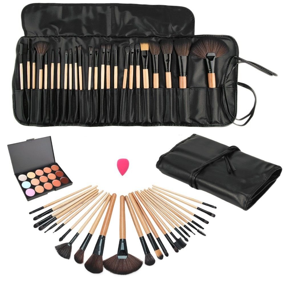 Pro 24 pcs Makeup Brushes Set kits and 15 Colors Concealer Palette Sponge Puff