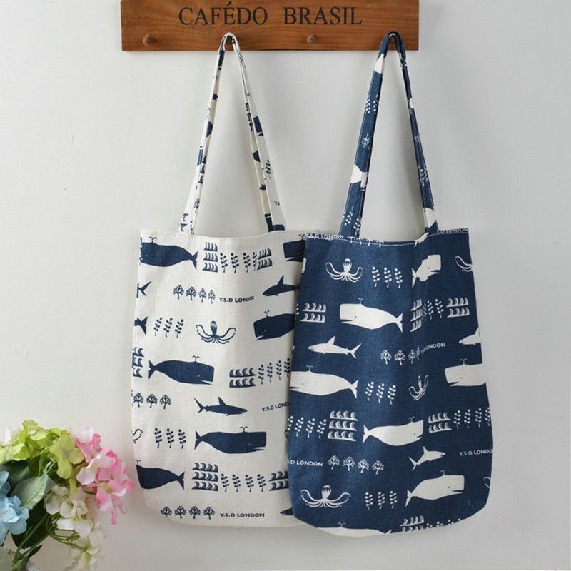 Cotton Linen Shopping Tote Carrying Shoulder Bag Print Whale Octopus Sea Life