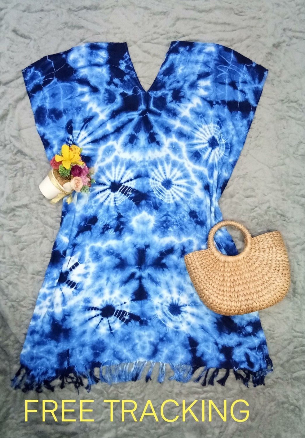 Tie dye Dress bust 52" Indigo Batwing Dress Asymmetrical Dress blue Summer Beach