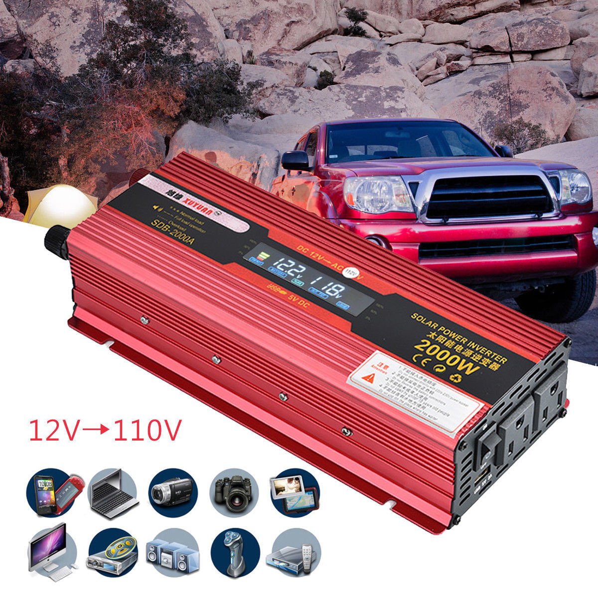 2000W WATT Car Power Inverter DC 12V to AC 110V Electronic Converter USB Output