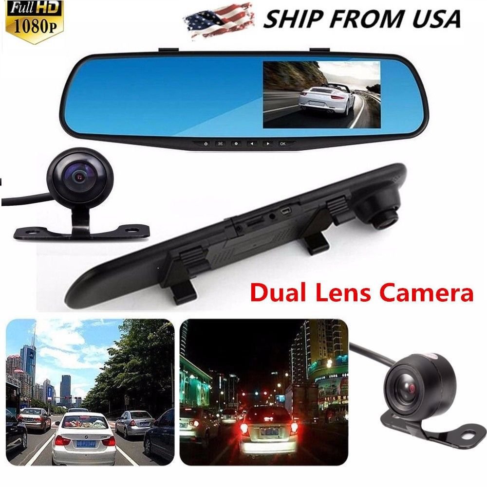 4.3" HD 1080P In-Car Rear View Mirror Dash DVR Recorder Dual Lens Camera Monitor