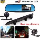 4.3" HD 1080P In-Car Rear View Mirror Dash DVR Recorder Dual Lens Camera Monitor