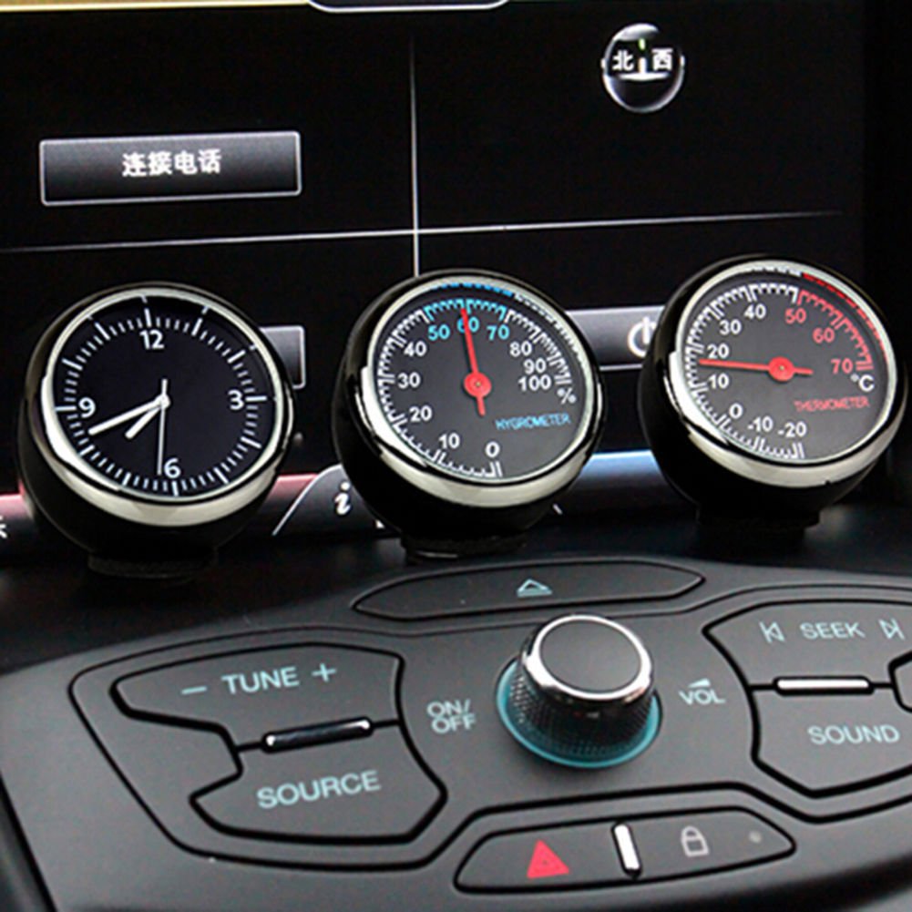 3Pcs Car 4cm Quartz Hygrometer Time Clock Temperature Thermometer Moisture Meter