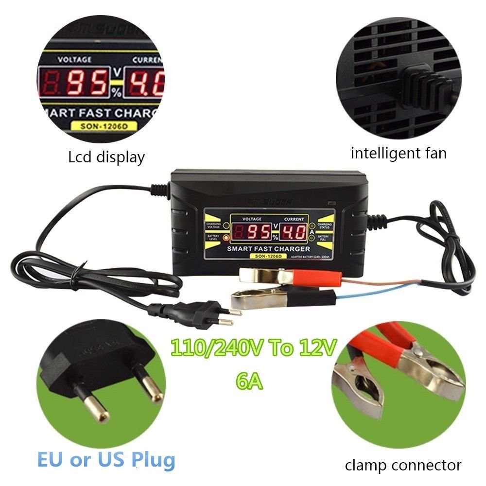 Souer Genuine 12V 6A Smart Car Motorcycle Battery Charger LCD Display US/EU Plug