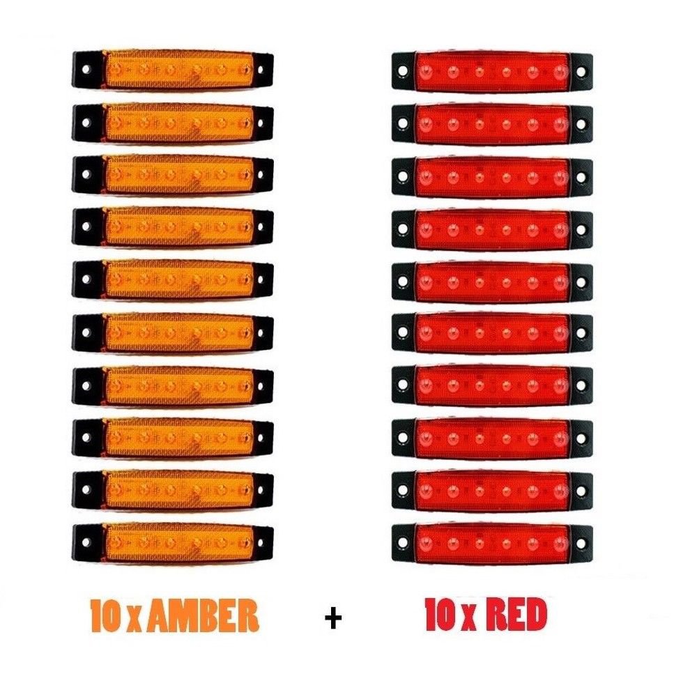 20Pcs 12V 6 LED Side Marker Indicator Lights For Car Truck Trailer Amber + Red