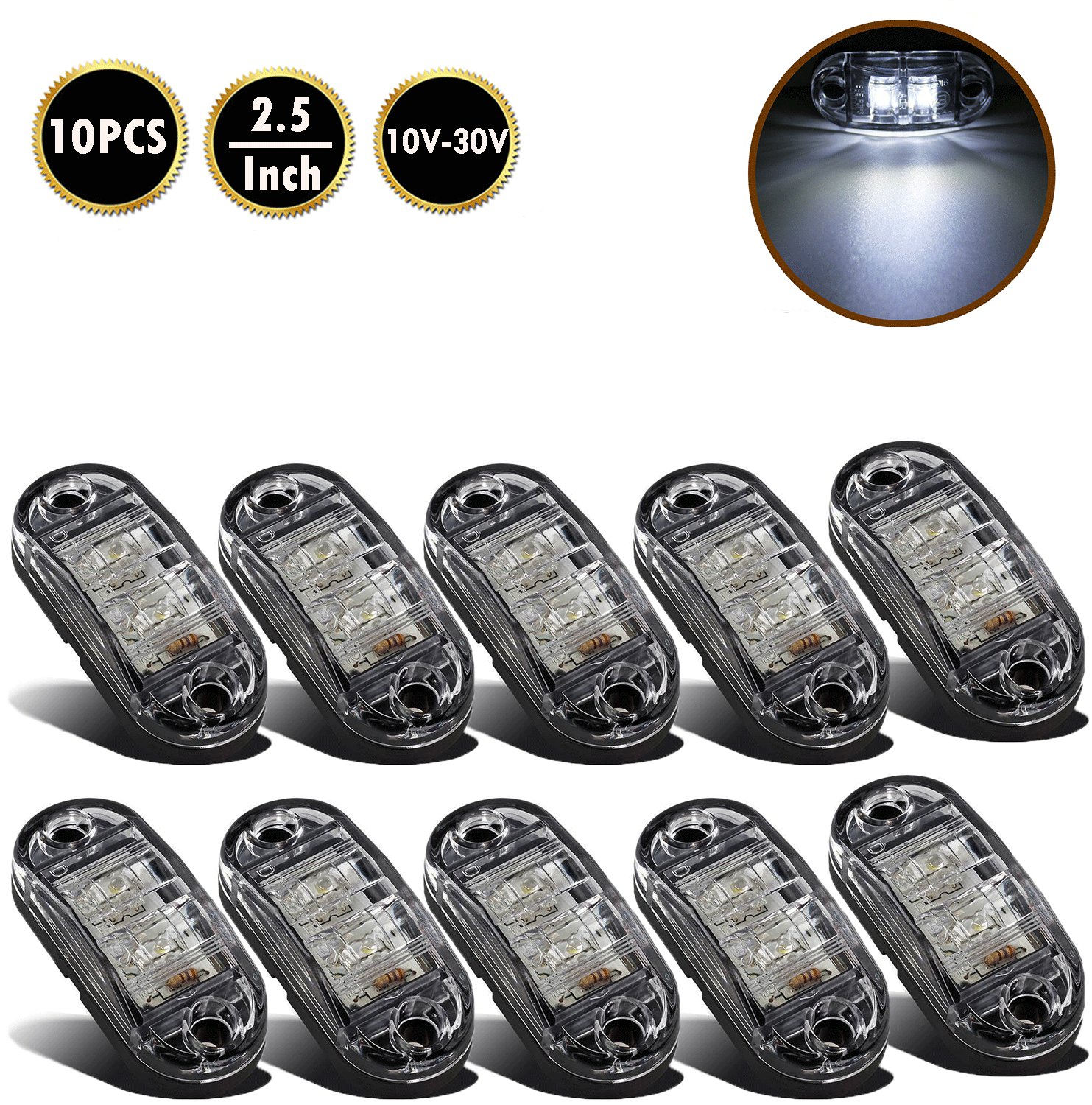 10Pcs White LED 2.5" 2 Diode Light Oval Clearance Trailer Truck Side Marker Lamp