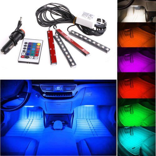 4pc 9LED Remote Control Colorful RGB Car Interior Floor Atmosphere Light Strip