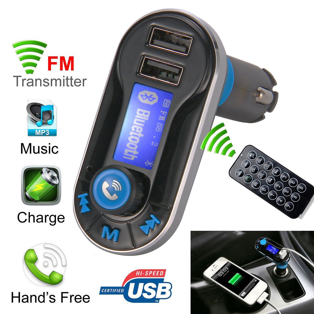 Bluetooth Car Kit  FM Transmitters MP3 Player SD LCD Dual USB Charger W/ Remote