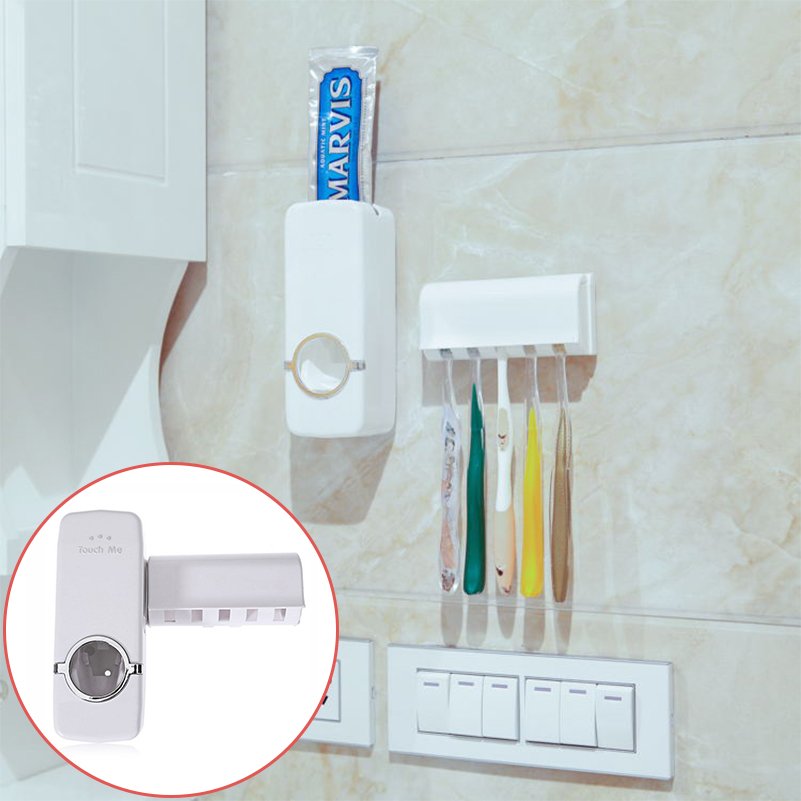 Automatic Toothpaste Dispenser & 5 Toothbrush Holder Set Wall Mount Stand