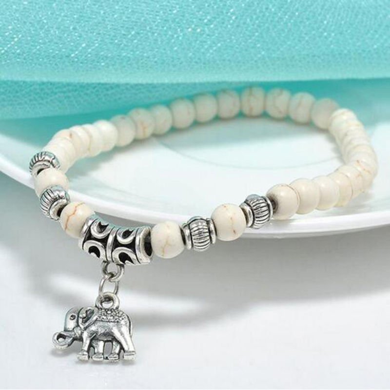 Fashion Tibet silver elephant Pendant White turquoise beads 6mm Elastic bracelet