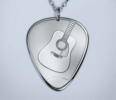 Solid Silver Plectrum Guitar Pick Necklace with Accoustic Guitar Design
