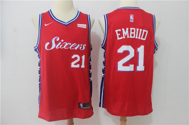 Men's 76ers Joel Embiid 21 Stitched Swingman jersey Red