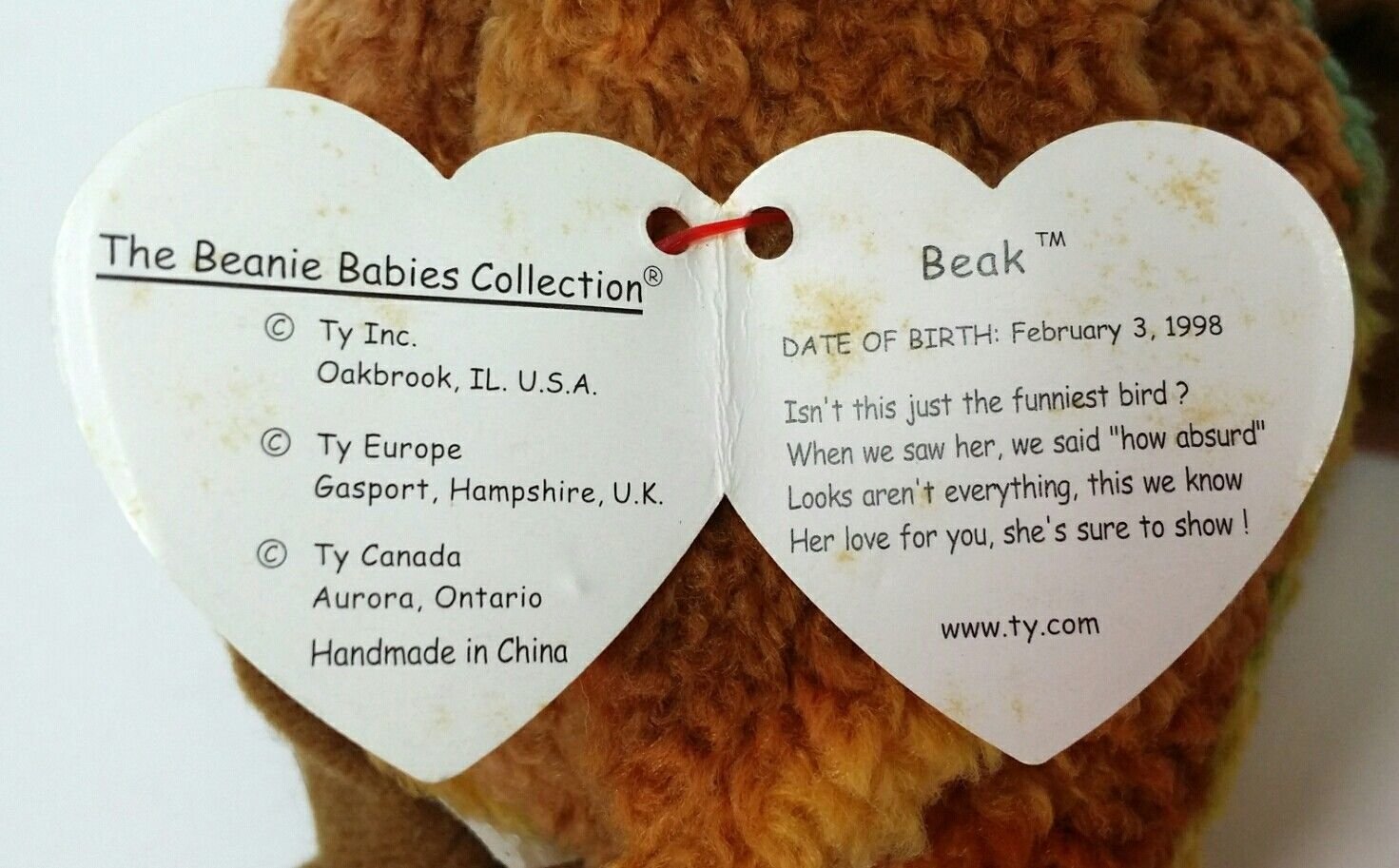 Ty Beanie Baby Kiwi Bird Beak Beanbag Plush 1998