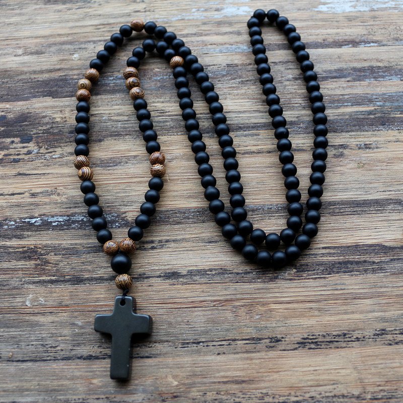 6MM Black stone Wood Beads with black stone cross Pendant Mens Rosary Necklace Mens Mala jewelry
