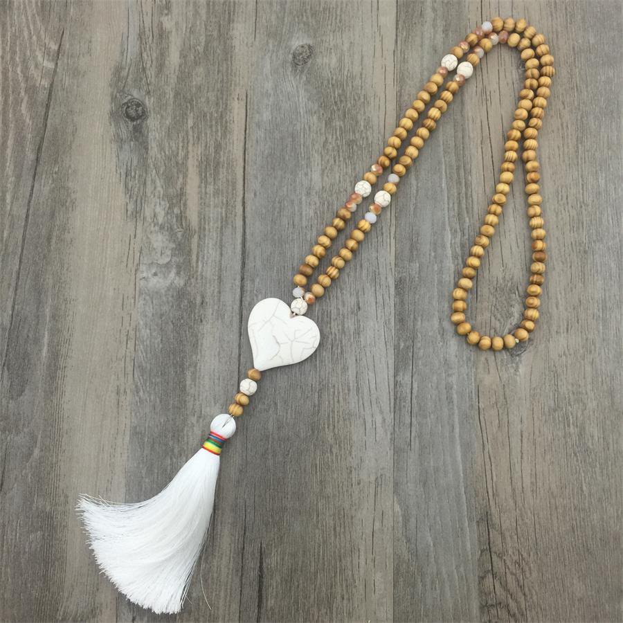 Ethnic Heart Shape Boho White Tassels Collar Necklace Ethnic Maxi Wood Bead Statement Long Pendant
