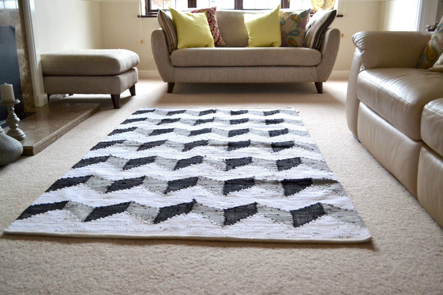 Large Cotton Rug Funky ZigZag Black White HandMade Woven Geometric 150x240cm 5x8