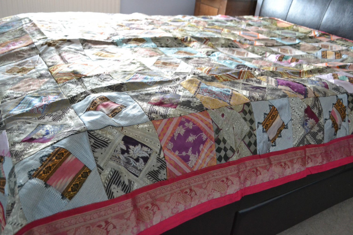 King Size Bedspread Large Sofa Throw Pink Indian Sari Recycled Patch 2.4m 8ft