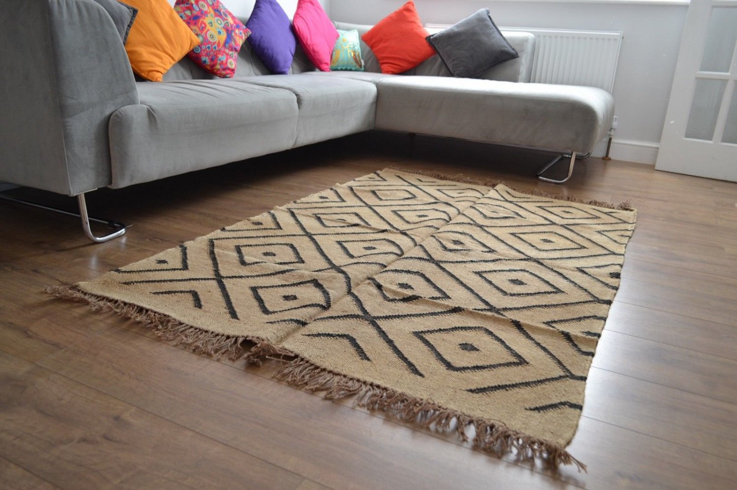 Rustic Kilim Rug Black Beige Aztec Indian Handmade Diamond 120x180cm Moroccan