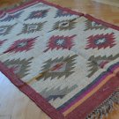 Kilim Rug Hand Made 90x150cm Natural Jute Wool Indian Beige Maroon Diamond 3525