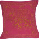 Pink Elephant Cushion Covers 40cm 16" INDIEN Handmade Cotton Golden Embroidered