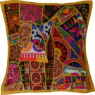Yellow Recycled Sari Cushion Cover Embroidered 16" 40cm Indian Boho Ethnic Patch