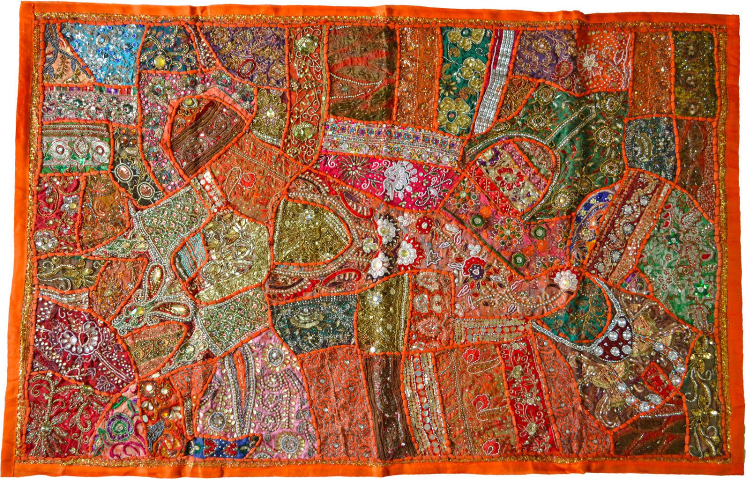 INDIEN Tapestry Orange Wall Hanging Table Cover Recycled Sari Lace Embroidery