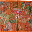 INDIEN Tapestry Orange Wall Hanging Table Cover Recycled Sari Lace Embroidery