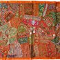 INDIEN Tapestry Orange Wall Hanging Table Cover Recycled Sari Lace Embroidery