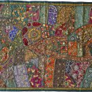 INDIEN Tapestry Dark Green Wall Hanging Table Cover Recycled Sari Embroidery