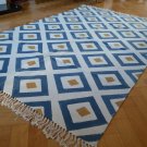 Handmade Cotton Rug Cream Blue Mustard Woven Diamond Pattern Stonewash 120x180cm