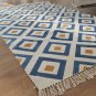 Handmade Cotton Rug Cream Blue Mustard Woven Diamond Pattern Stonewash 120x180cm