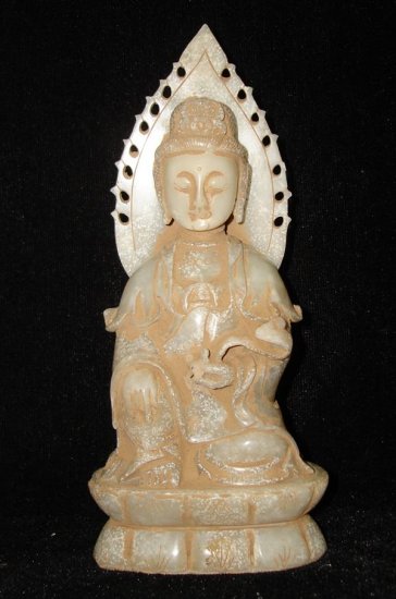 Old Chinese Quan Yin &Ru Yi White Jade Carving AD1644