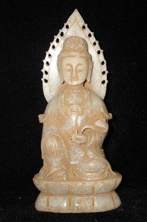 Old Chinese Quan Yin &Ru Yi White Jade Carving AD1644