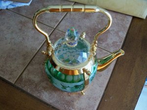 Grape Design Glass and Gold Teapot