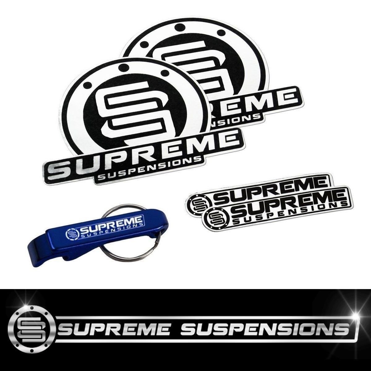 Supreme Suspensions Leveling Lift Kits Stickers Pack w/ Bottle Openers Keychain