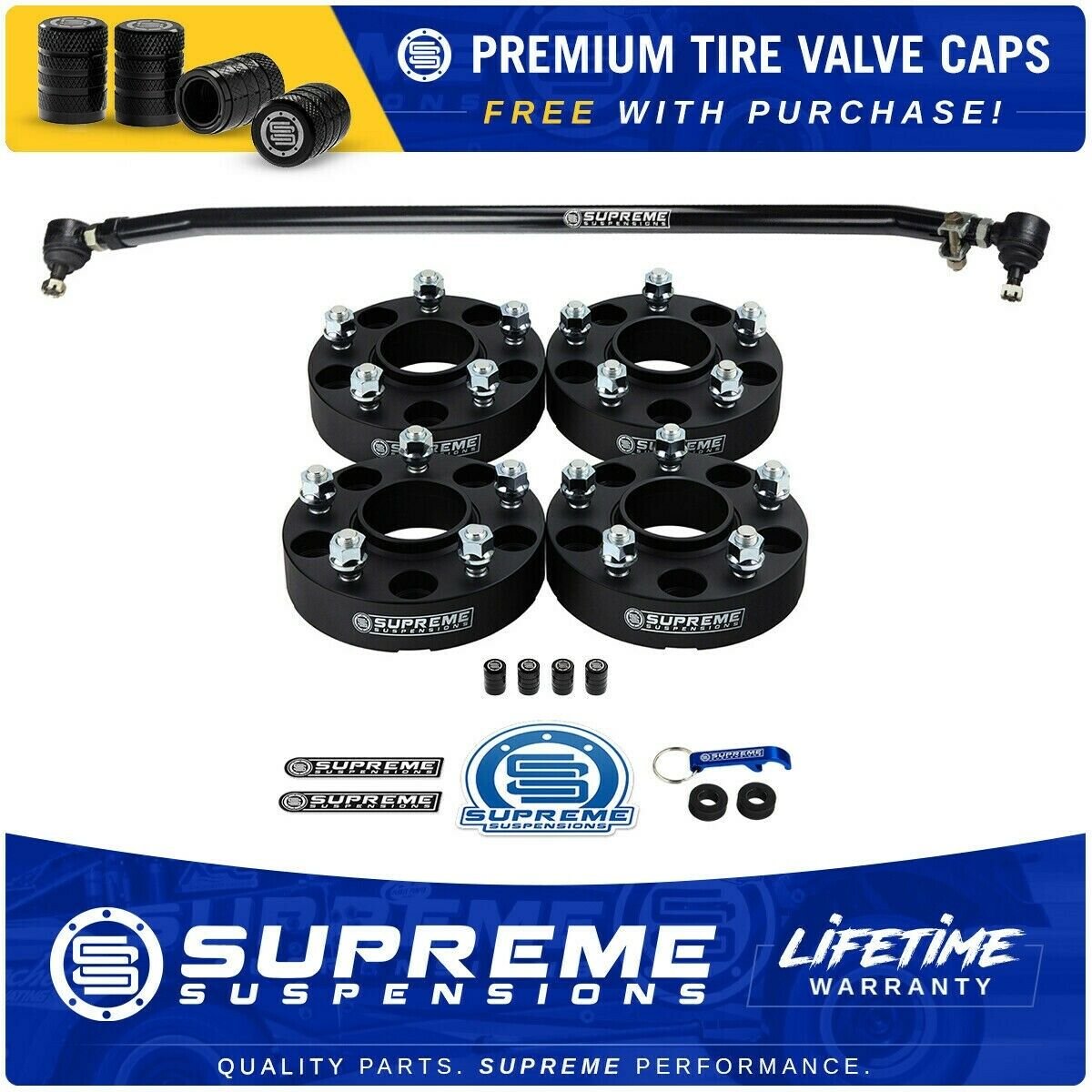 Wheel Spacer Set + Adjustable Tie Rod For 07-18 Wrangler JK Includes 4 Tire Valve Caps