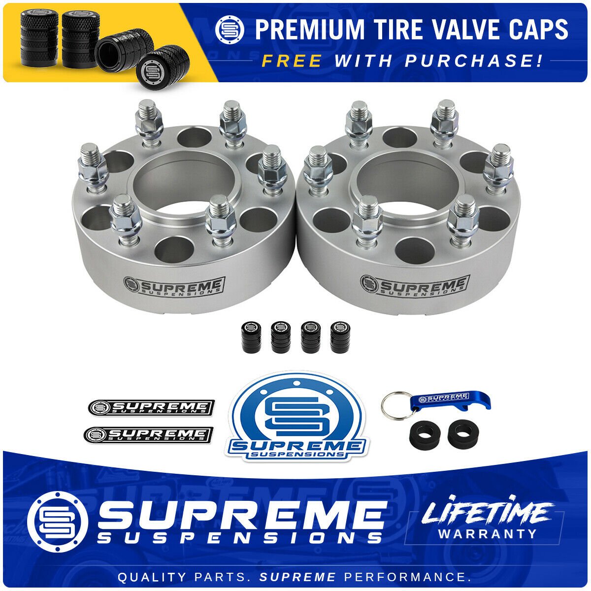 Silver Finish Wheel Spacers Fits FORD - BP 6x135mm M14x2 Studs + Tire Valve Caps