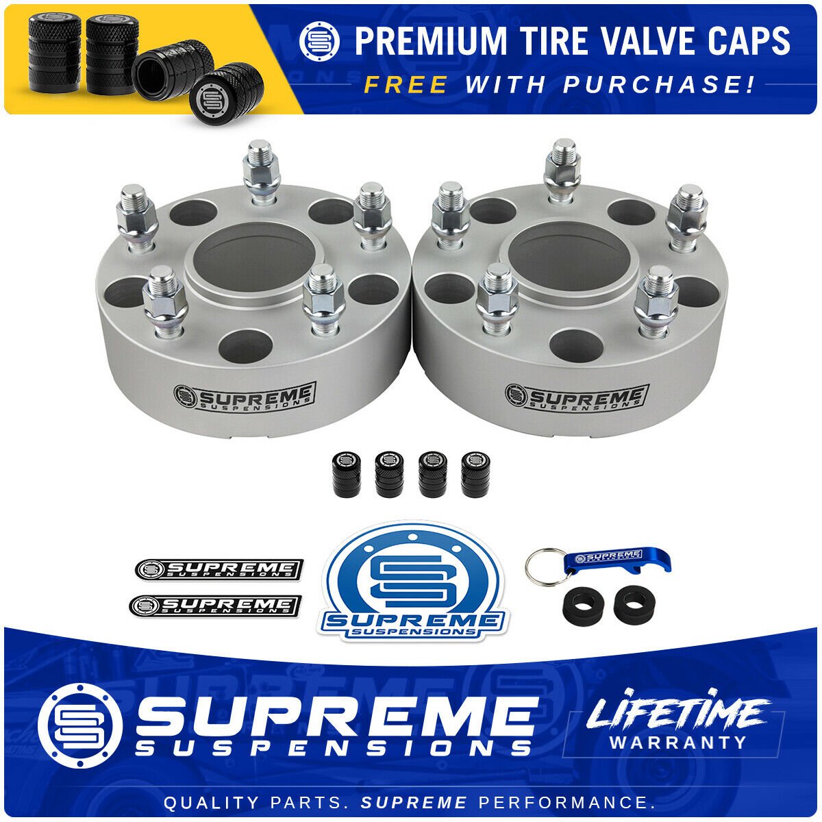CNC Billet 2 Wheel Spacers Hub Centric 5 x 5.5" + 4 Premium Valve Caps