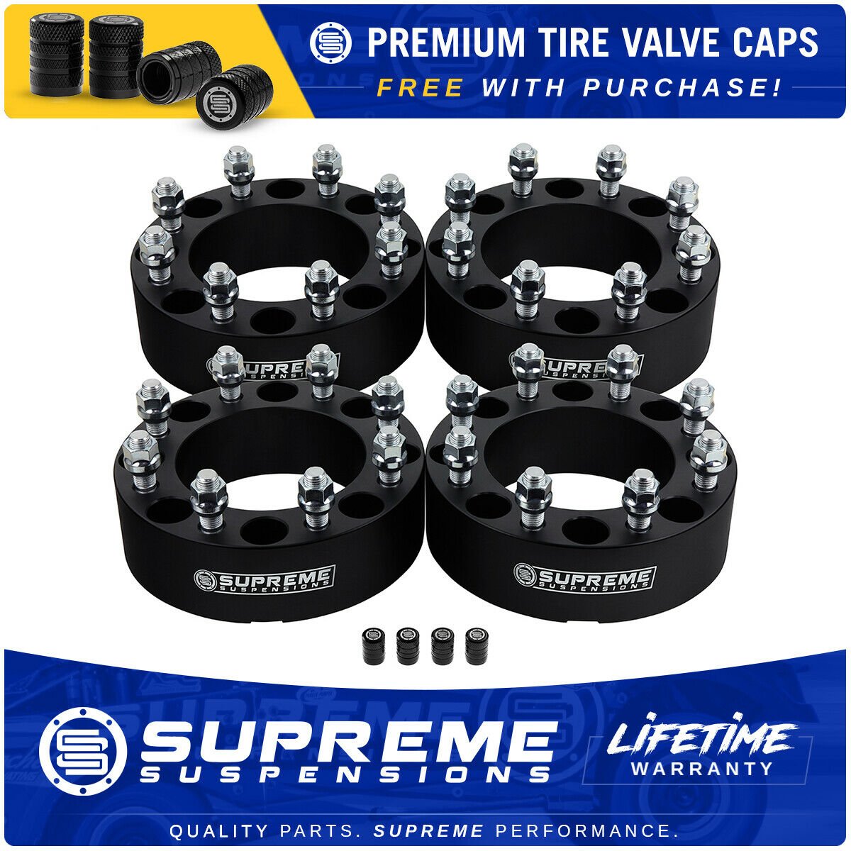 Wheel Spacers Set For DODGE RAM 8x6.5" BP / 9/16"x18 Studs + Tire Valve Caps