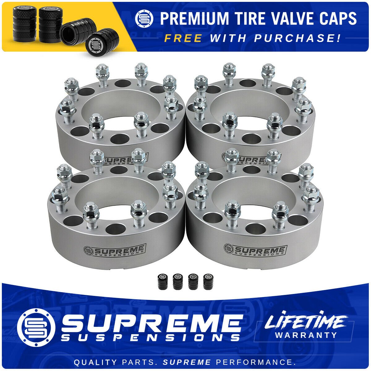 4 pcs Set Wheel Spacers (8x6.5") And Valve Caps CNC Aluminum Fits Ram 2500 3500