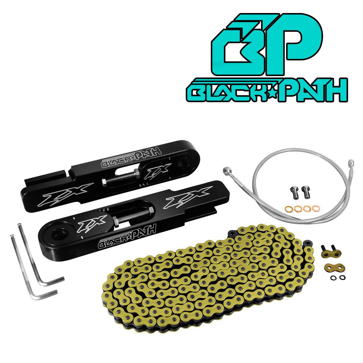 1998-2002 Kawasaki Ninja ZX-6R Swing Arm Extenders Brake Hose Gold Chain Kit