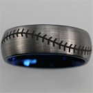 Free engraving 8mm Matte Silver With Blue inside Baseball Stitch Tungsten Ring