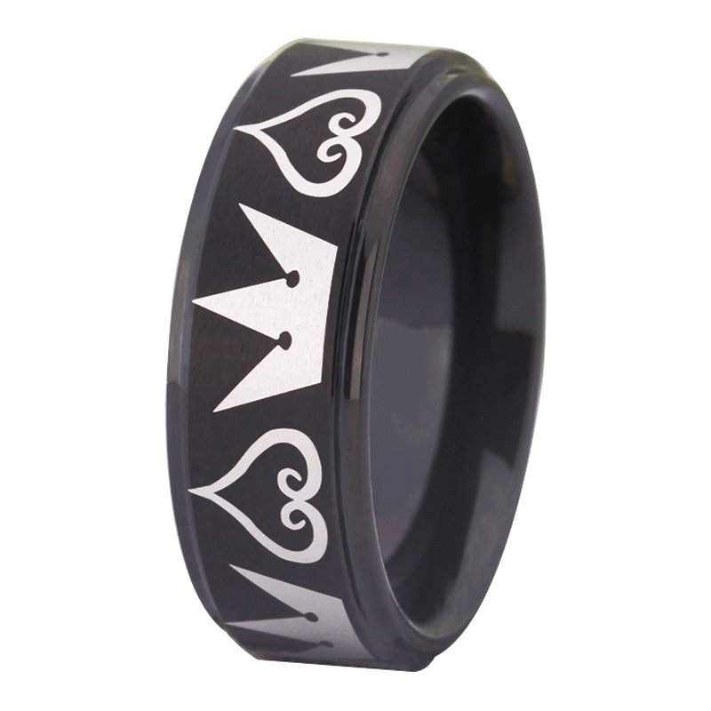 Free engraving 8mm King and Hearts Design Black Step Tungsten Ring
