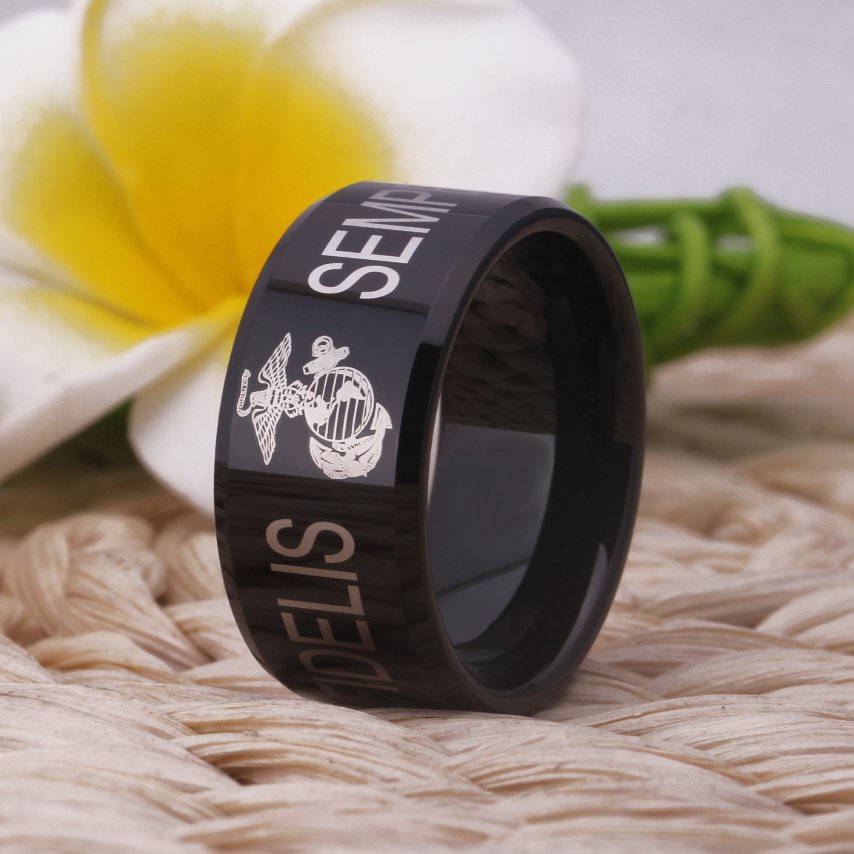 Free engraving 12mm US Military Army Design Black Bevel Tungsten Ring