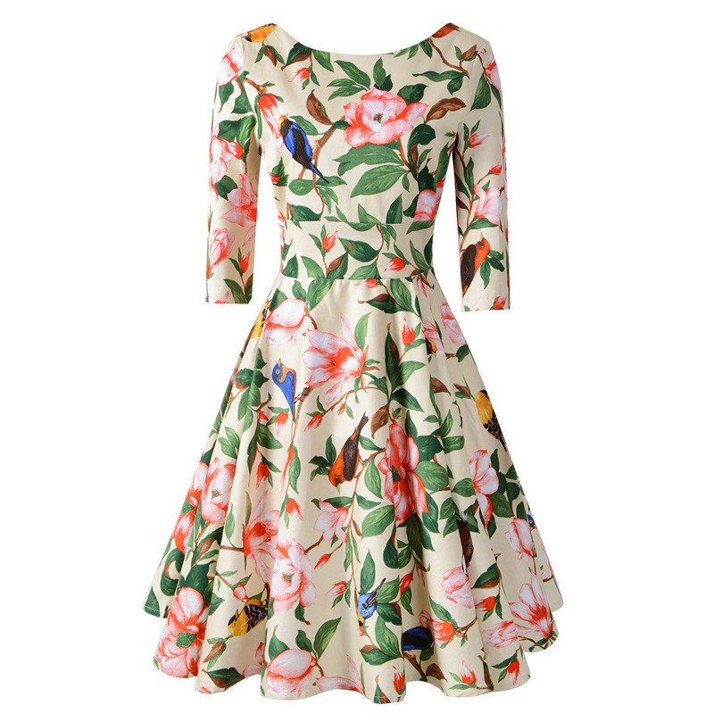 Women's Boatneck Sleeveless Vintage Fit and Flare Rockabilly Floral Dress