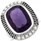 9.59 Carat Genuine Amethyst, Pearl and Black Spinel .925 Sterling Silver Ring