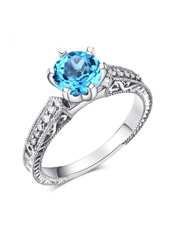 14K White Gold Vintage Wedding Engagement Ring Swiss Blue Topaz Natural Diamond