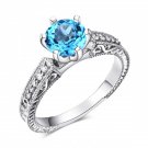 14K White Gold Vintage Wedding Engagement Ring Swiss Blue Topaz Natural Diamond