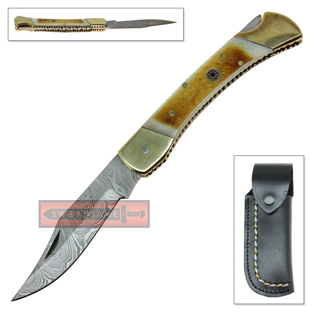 Damascus Steel Clip Point Pocket Knife Bone Handle Folding Blade Lock